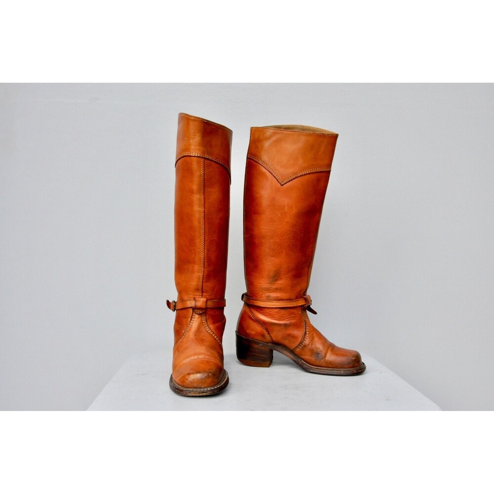 Vintage 70s Leather Tall Distressed Boots - Campus Stacked Heel US 5 - 5.5 - Picture 7 of 10